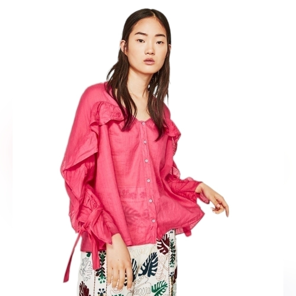 ZARA barbie pink ruffle cotton top shirt size Medium B1